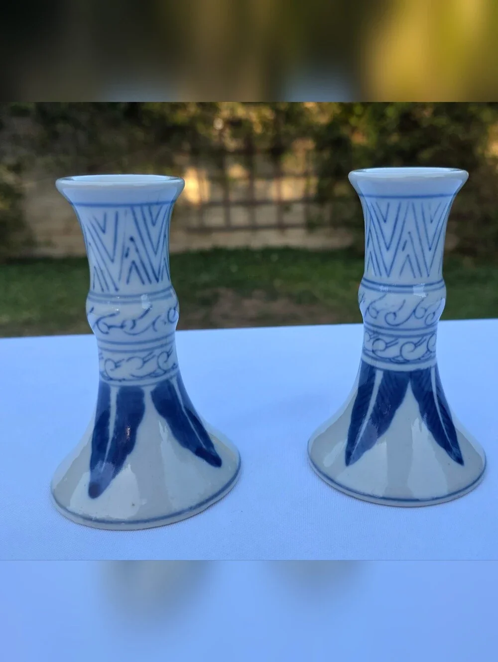Vintage Williams Sonoma Blue & White Ceramic Candlestick Holders - Set of 2